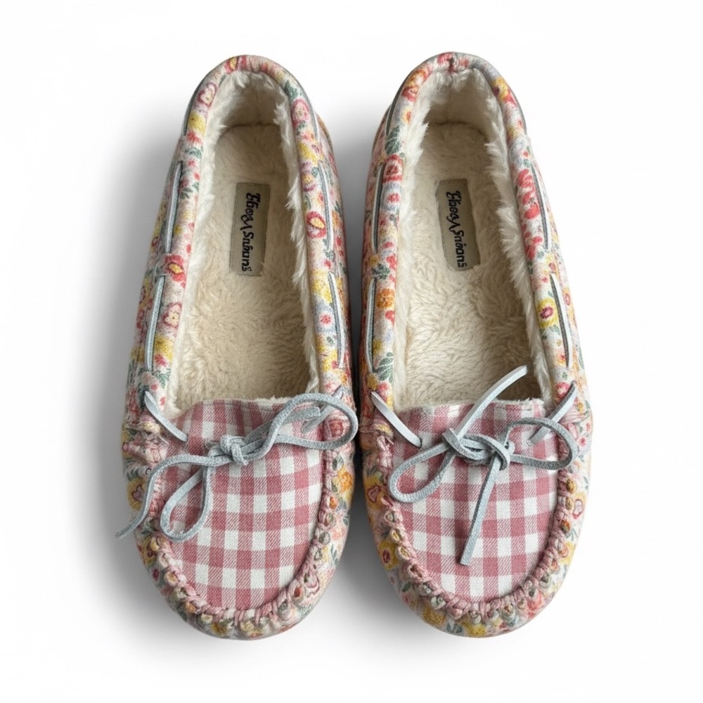Minnetonka Floral Gingham Moccasin Slippers Faux Fur Cozy Loungewear Pink Size 7